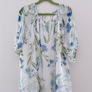 Floral Tie-Neck Peasant Blouse - White & Blue